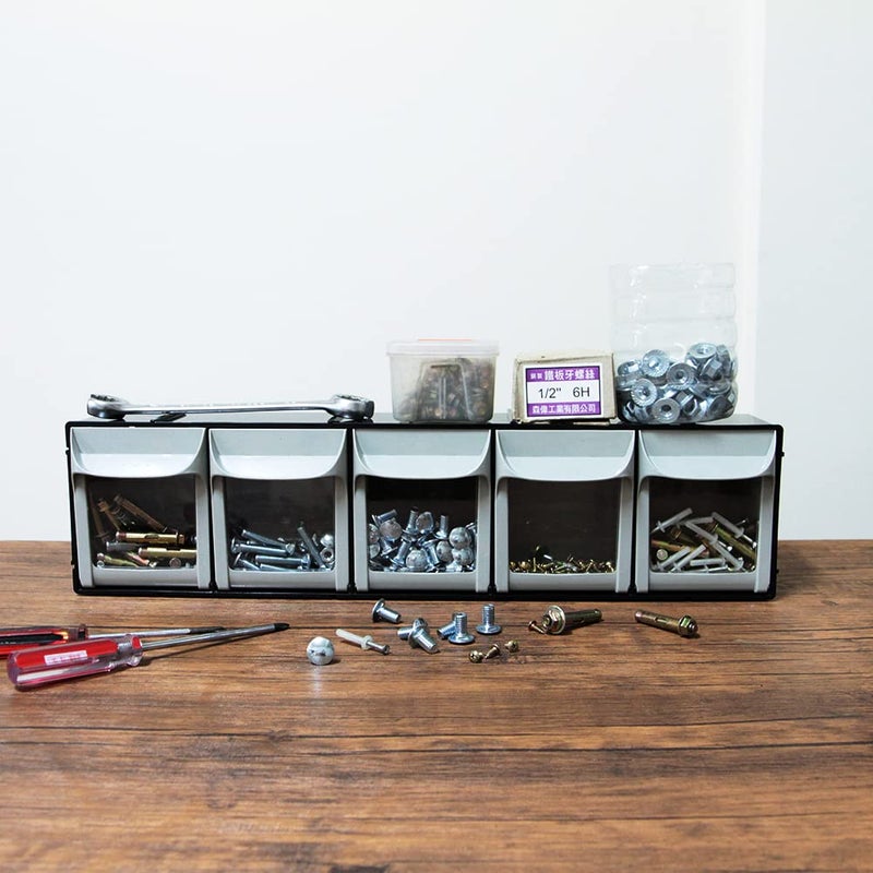 SHUTER Plastic Small Parts Organizer, Dental Tilt out Storage Container System, Tip Out bin for screws, nuts, small tools, Kits Included, Stackable Storage Bins with 5 Drawers, Black, FO-605-BK - Image 3